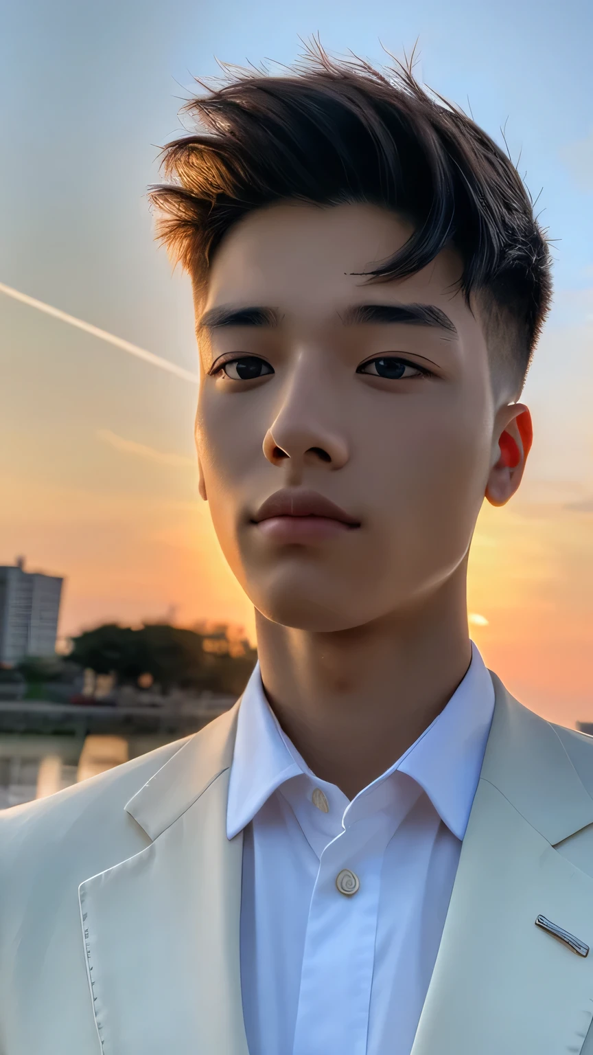 Highest quality, masterpiece, Ultra-high resolution, (Realistic: 1.4), Original photo, wallpaper, Head Photo, skin, Simple Background, Iris, detailed, Selfie, 1 boy, 18-year-old, good looking, Wind,suit、Sunset