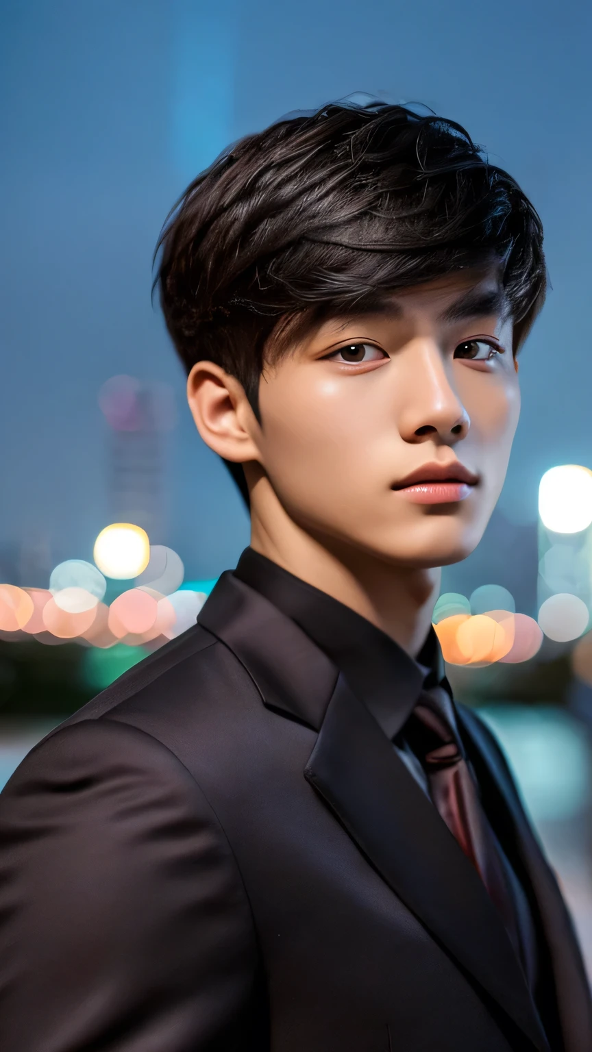 Highest quality, masterpiece, Ultra-high resolution, (Realistic: 1.4), Original photo, wallpaper, Head Photo, skin, Simple Background, Iris, detailed, Selfie, 1 boy, 18-year-old, good looking, Wind,suit、night