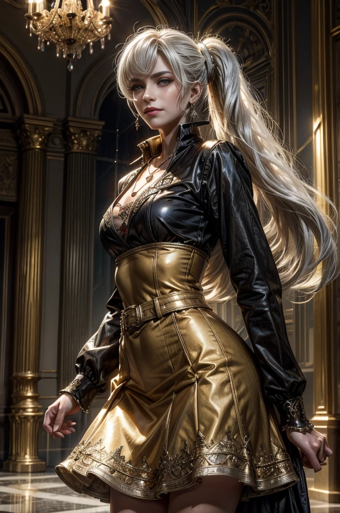 (masterpiece, best quality:1.2), cowboy shot, dynamic pose, weissvale, smile, closed mouth, looking at viewer, long white hair, side ponytail, scar above eye, scar below eye, gold dress, jewelry, necklace, earrings, future_urban, indoors, standing inside ornate palace, elegant crowd, marble floor, chandeliers, arch, pillars, (volumetric lighting), intricate details, tonemapping, sharp focus, hyper detailed
