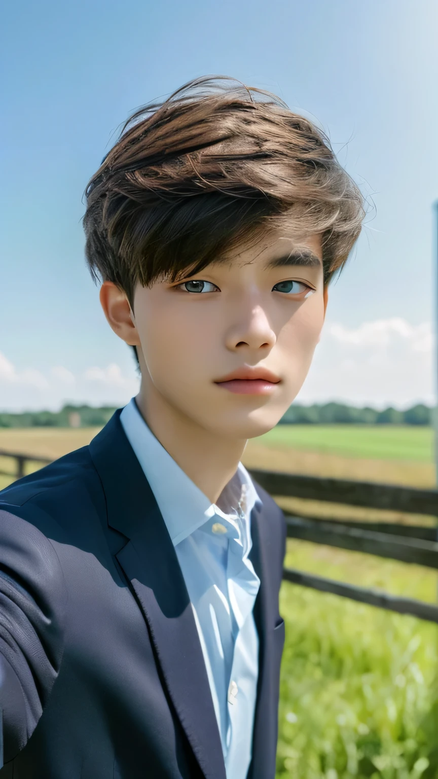 Highest quality, masterpiece, Ultra-high resolution, (Realistic: 1.4), Original photo, wallpaper, Head Photo, skin, Simple Background, Iris, detailed, Selfie, 1 boy, 18-year-old, good looking, Wind,suit、grassland