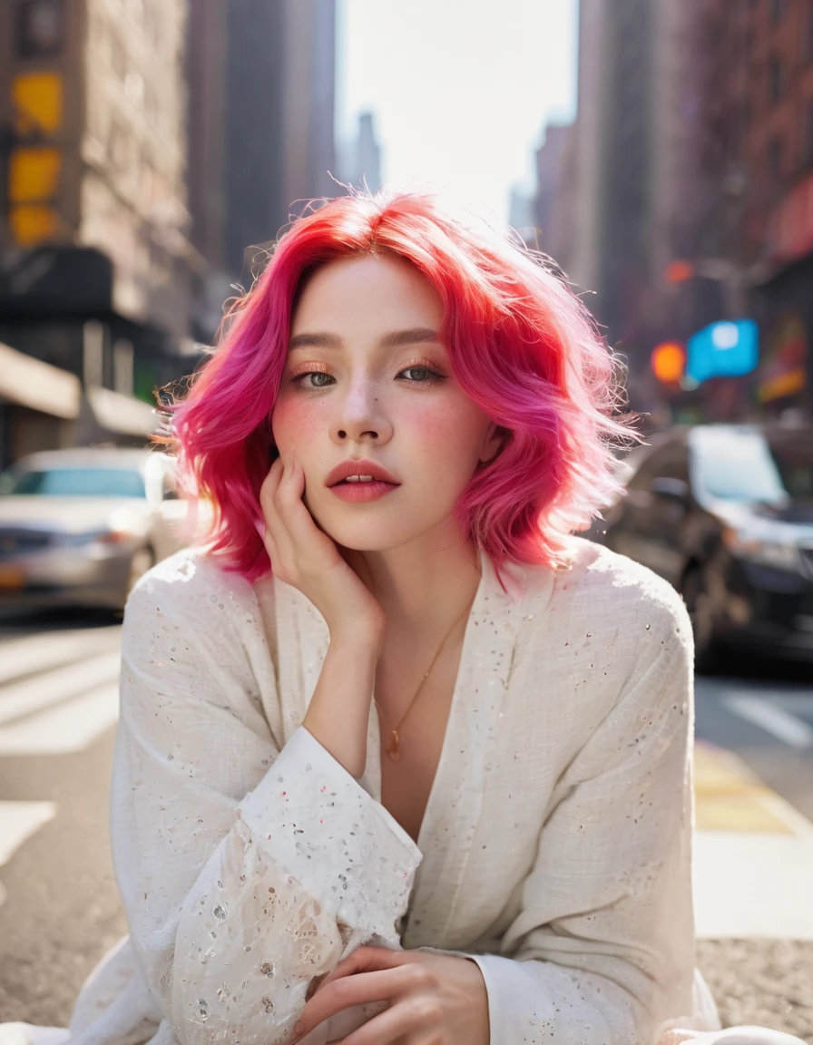 Beautiful woman with long pink hair( white blanket blouse), In front of her is a red flower covering one eye and part of her face., Natural light,sitting on the street in new york city , Bright colors, Bokeh style, Styles of ultra-fine details, High-quality photos,Long-distance shots
