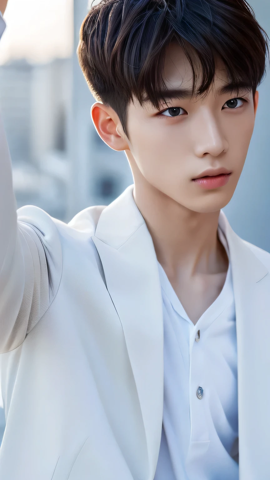 Highest quality, masterpiece, Ultra-high resolution, (Realistic: 1.4), Original photo, wallpaper, Head Photo, skin, Simple Background, Iris, detailed, Selfie, 1 boy, 18-year-old, good looking, Wind,White suit