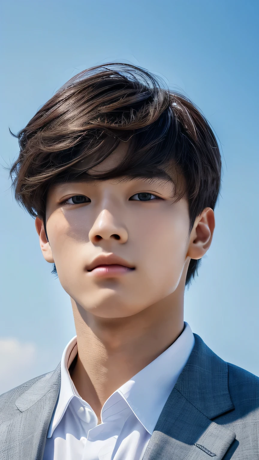 Highest quality, masterpiece, Ultra-high resolution, (Realistic: 1.4), Original photo, wallpaper, Head Photo, skin, Simple Background, Iris, detailed, Selfie, 1 boy, 18-year-old, good looking, Wind,suit、Rocky area