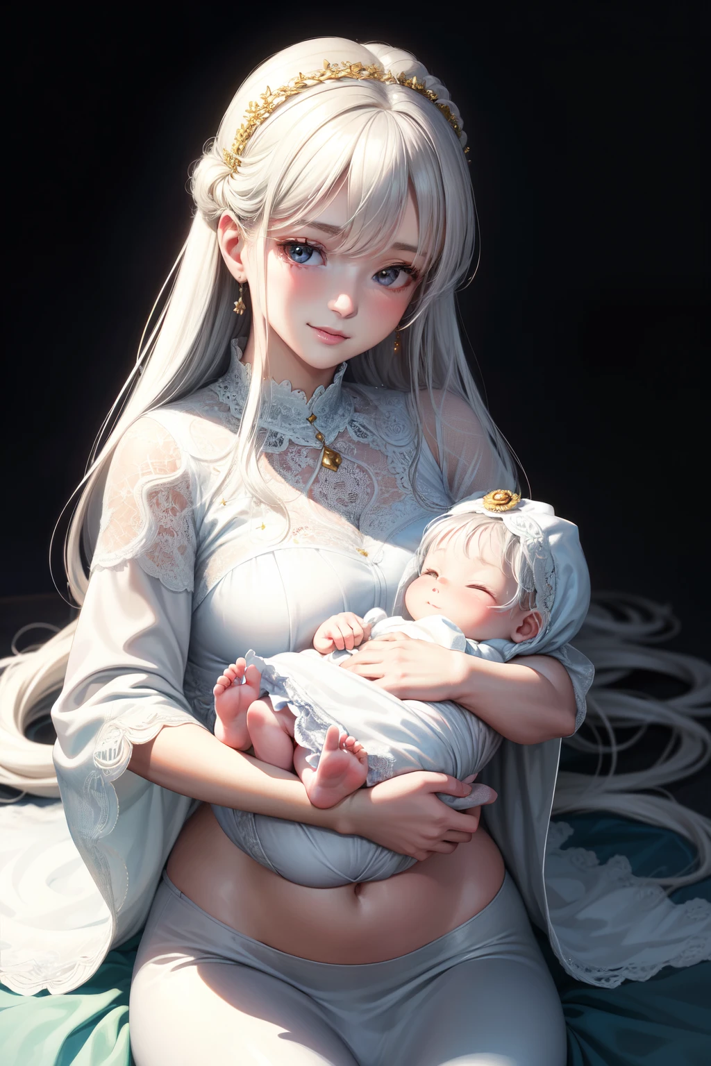 (best quality, high-resolution:1.5), 2 subjects, mother with 3--old bher with radiant smile, white hair, perfect figure, baby with soft skin, tiny hands, wide-eyed, cherubic cheeks, soft focus on mother's face, details on baby's tiny toes, studio lighting, warm colors, soft shadows, tender moment, soft blankets, close-up, mother's eyes filled with love, mother holding baby close, mother's hand gently stroking baby's back, baby's tiny clothes, mother's white hair cascading down, mother's clothes lightly wrinkled from holding baby, warm and cozy atmosphere