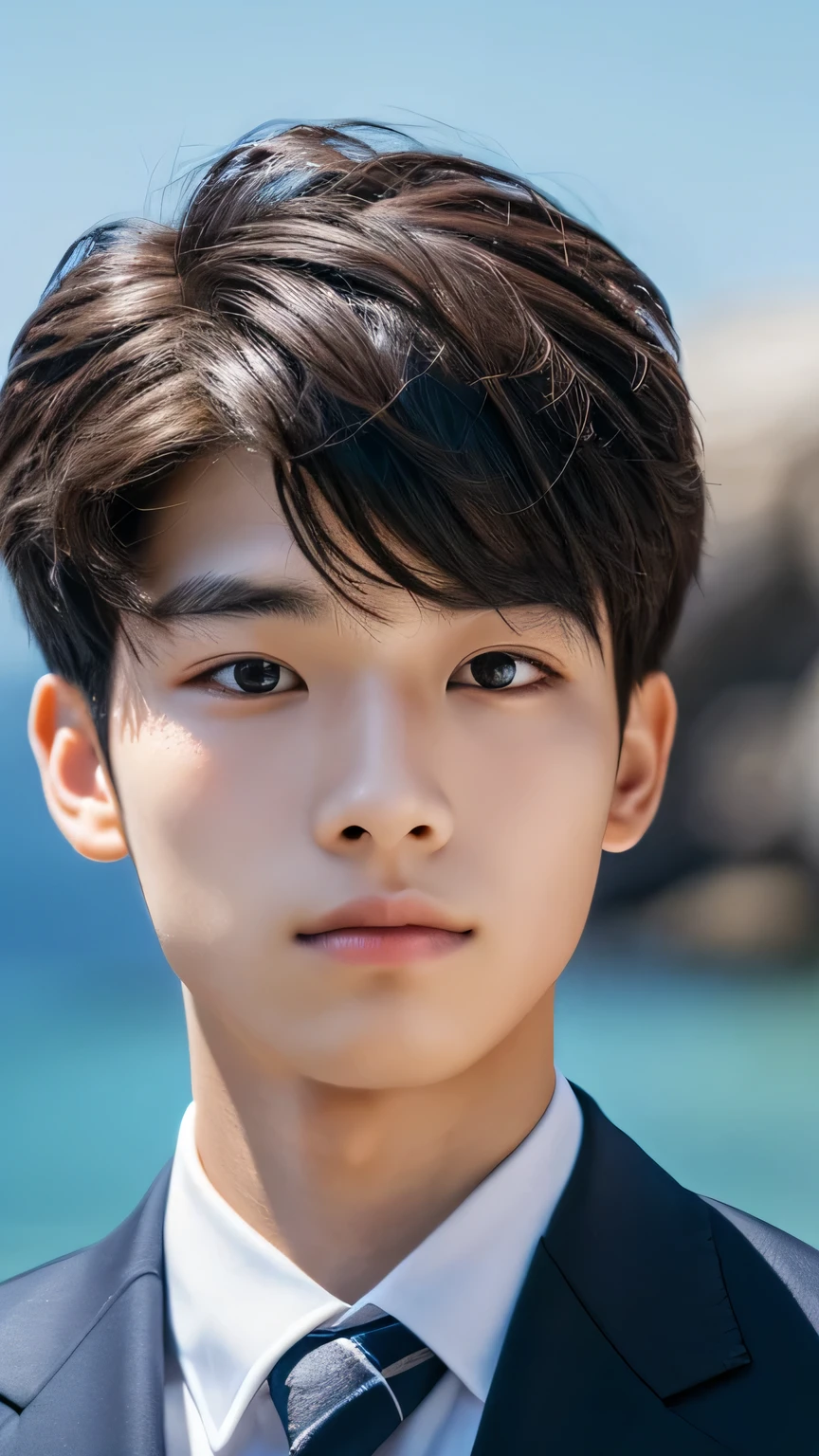 Highest quality, masterpiece, Ultra-high resolution, (Realistic: 1.4), Original photo, wallpaper, Head Photo, skin, Simple Background, Iris, detailed, Selfie, 1 boy, 18-year-old, good looking, Wind,suit、Rocky area