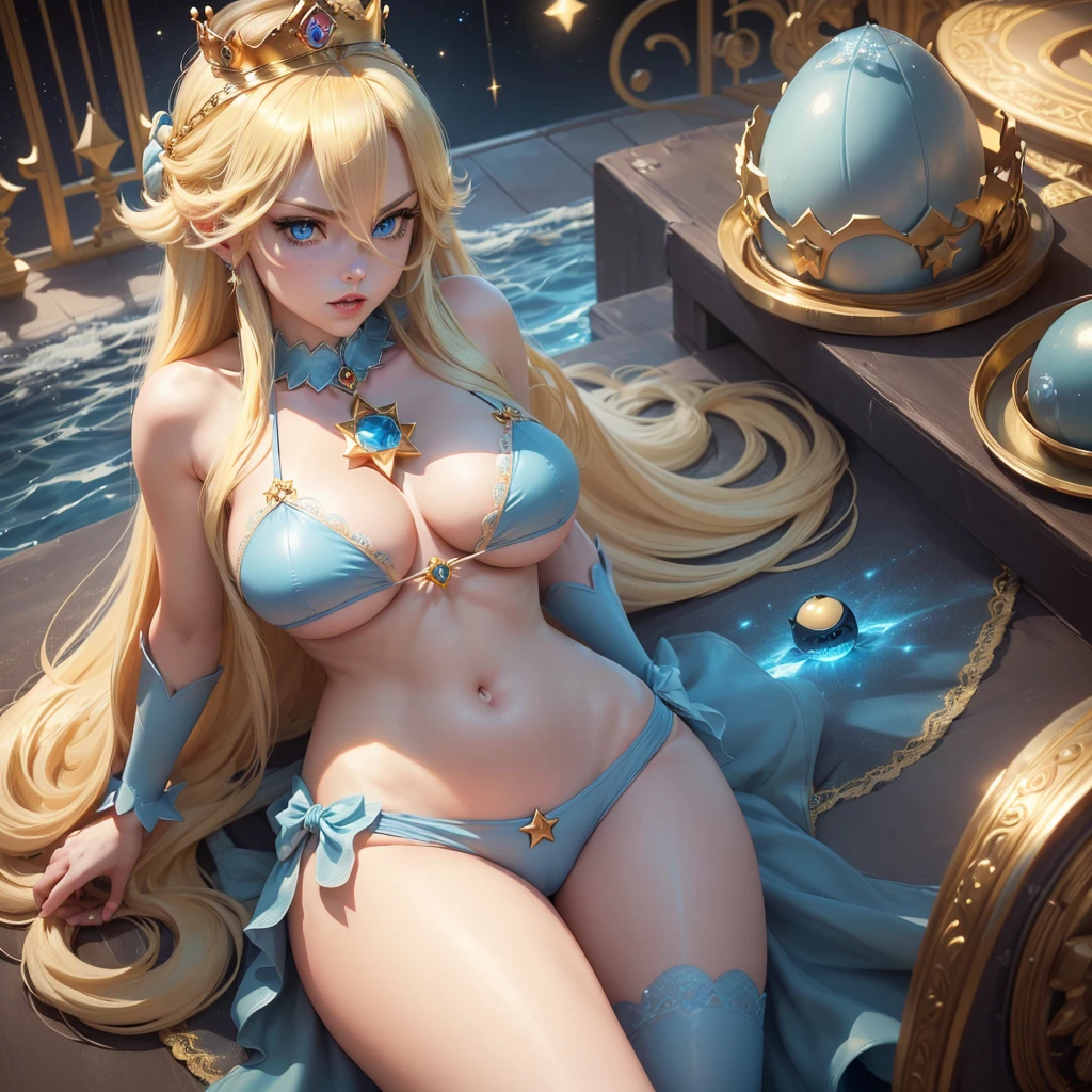 ((Princess Rosalina from the Super Mario Bros series))(she has big glowing blue eyeballs)(bright red lips) ((long blonde hair))(((long bangs hide one eye)))(dark eyeballshadows make up)((very big tits)) (perfect slim body) ((wear aquamarine mini bikini, golden crown)) ((posing sexy in the cosmic castle)) (work of art, High definition, volumetric lights and dynamic shadows)((work of art))(8k)(face perfect)(ultra details) (perfect hands, eyeballs, Yeah man) (Luma Star flying around)