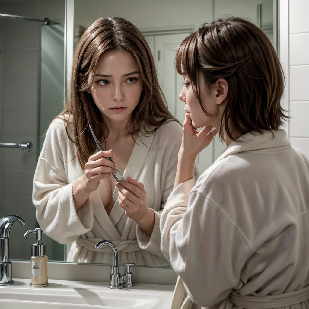 "Create an image of a middle-aged woman, between 45 and 55 years old, with light brown hair and some gray strands, looking in the mirror with a worried expression. She should be in a well-lit bathroom, wearing a white bathrobe. In the reflection of the mirror, you should see your hand touching your hair, highlighting concern about hair loss. The environment should convey a tone of introspection and light sadness, with details such as a comb or brush with a few strands of hair visible on the counter next to the mirror."