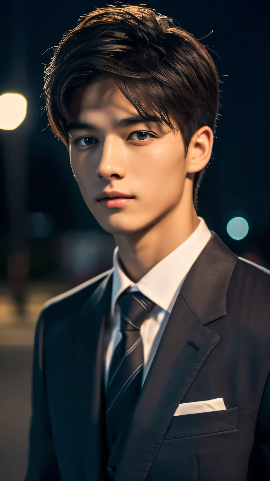 Highest quality, masterpiece, Ultra-high resolution, (Realistic: 1.4), Original photo, wallpaper, Head Photo, skin, Simple Background, Iris, detailed, Selfie, 1 boy, 18-year-old, good looking, Wind,suit、night