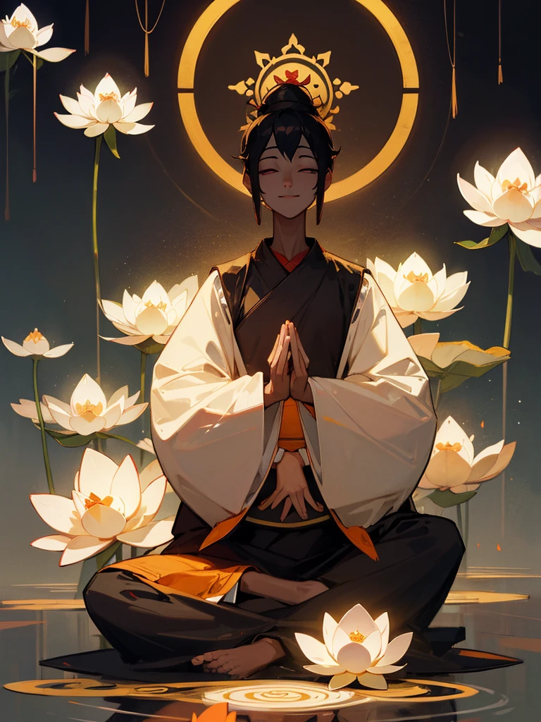 Amitabha Buddha Smile Lotus Flower Zen Meditation Prayer Black Hair Halo Pure Land Thin Eyes Lotus Position