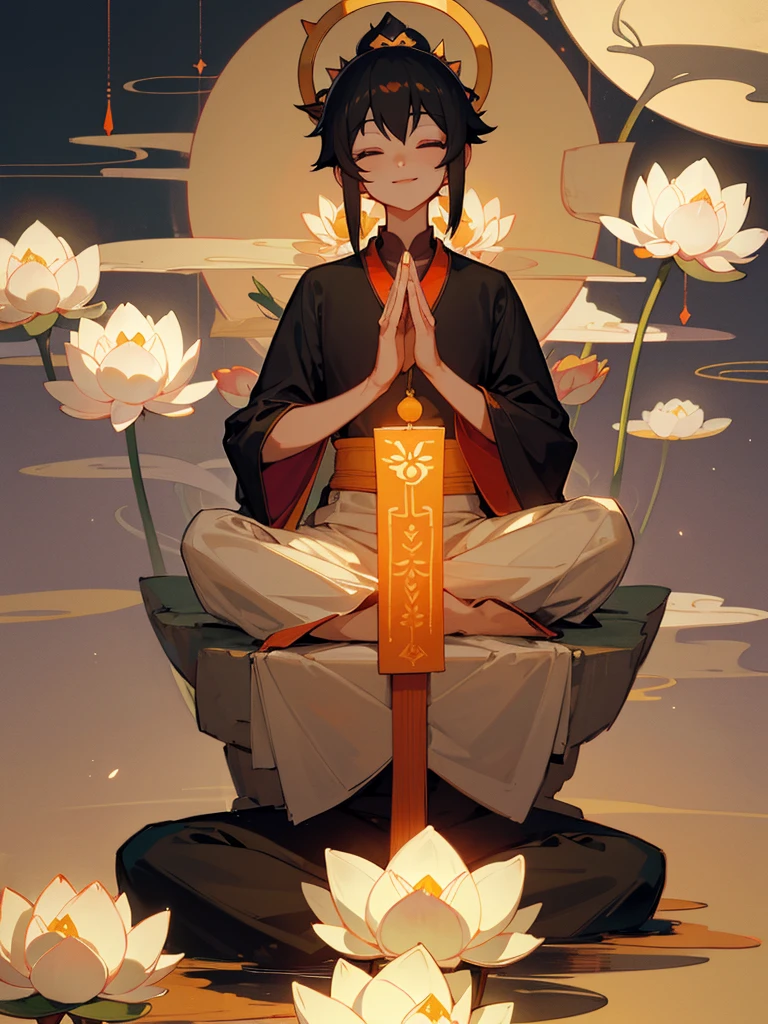 Amitabha Buddha Smile Lotus Flower Zen Meditation Prayer Black Hair Halo Pure Land Thin Eyes Lotus Position