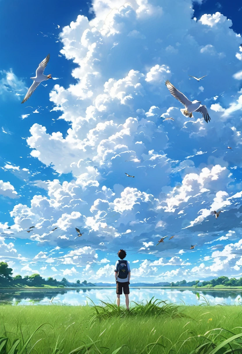 anime, anime landscape, guy looking at clouds, in a grassland, creative, realist, white clouds, blue sky, landscape amazing, guy looking away from camera, wide photo, realistic grass, birds flying. lake in the middle, sky reflects in the lake