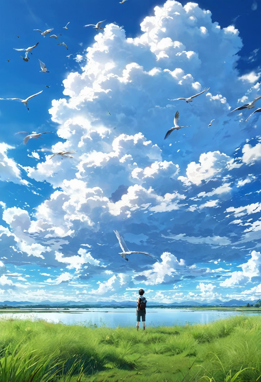 anime, anime landscape, guy looking at clouds, in a grassland, creative, realist, white clouds, blue sky, landscape amazing, guy looking away from camera, wide photo, realistic grass, birds flying. lake in the middle, sky reflects in the lake