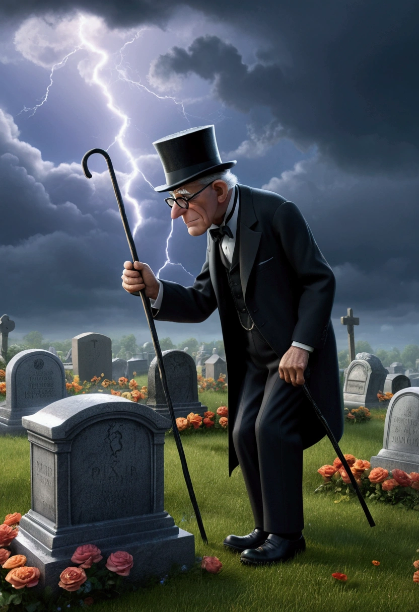 pixar, an old man crying at the foot of a grave, man in black suit , top-hat, he uses a cane and wears glasses, He has some flowers in his hands and the sky is cloudy, and with lightning, the rain starts to fall.