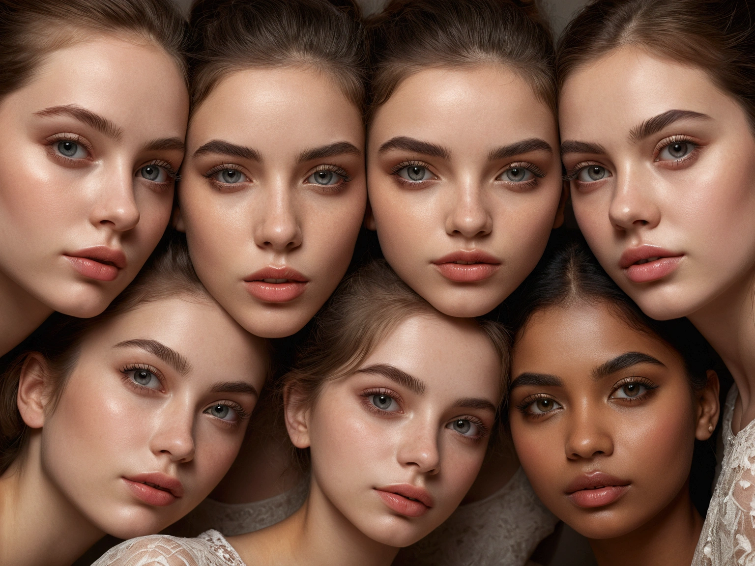 A beautiful detailed portrait of 5 girls, realistic, photorealistic, masterpiece, 8k, high resolution, hyper detailed, natural colors, soft lighting, detailed eyes, detailed lips, long eyelashes, affectionate