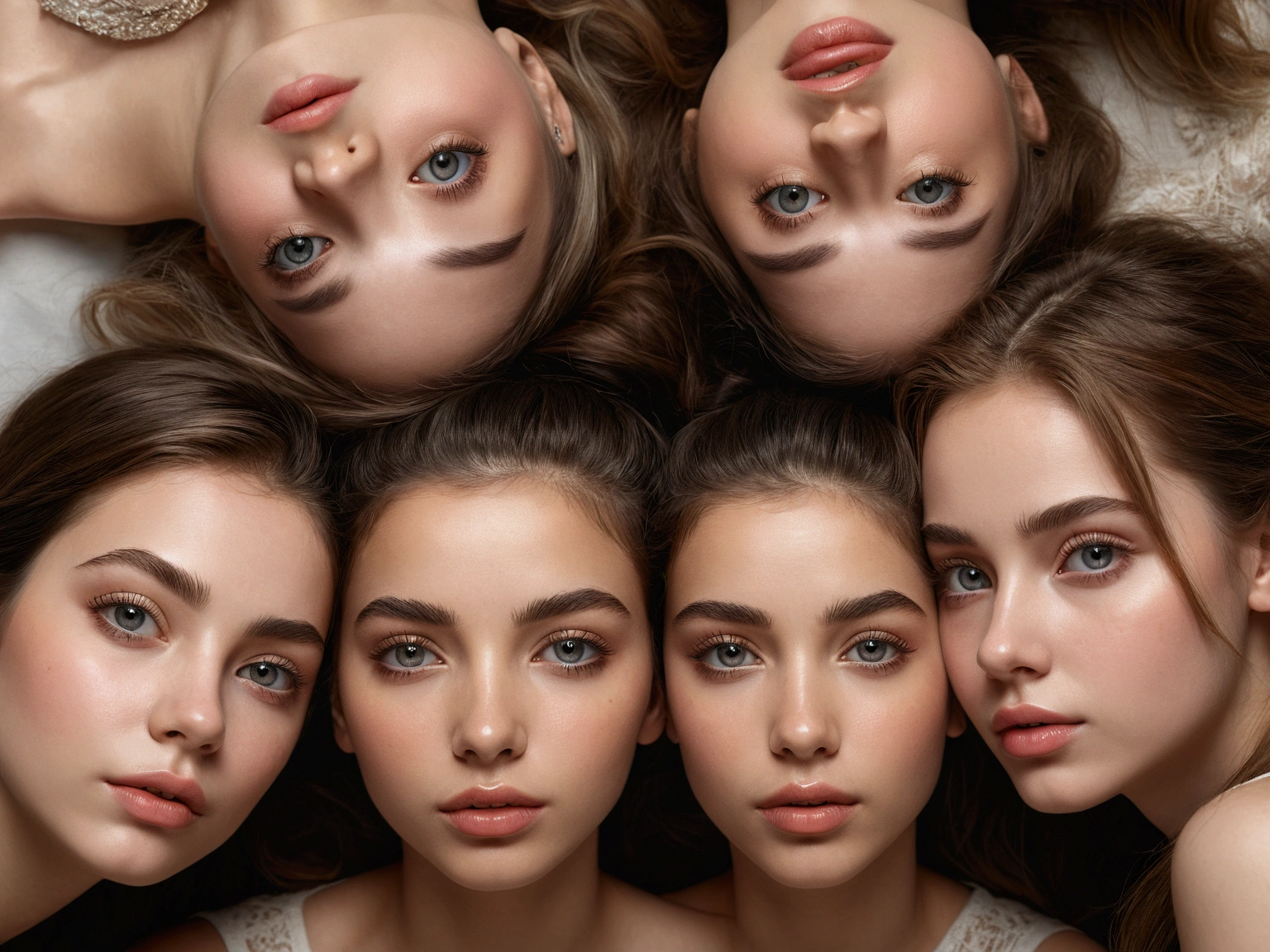 A beautiful detailed portrait of 5 girls, realistic, photorealistic, masterpiece, 8k, high resolution, hyper detailed, natural colors, soft lighting, detailed eyes, detailed lips, long eyelashes, affectionate