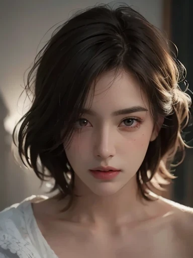 Best quality, masterpiece, ultra high res, (photorealistic:1.5), raw photo, 1girl, offshoulder, in the dark, deep shadow, low key, cold light, sexy look, long wave hair