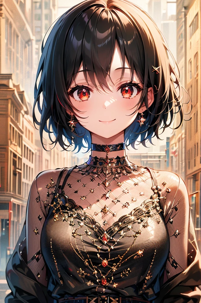 (masterpiece, highest quality, highest quality, (No text), Beautiful and aesthetic:1.2),No text,アニメ、BREAK,One Girl,Black Hair Girl short hair older sister choker Beautiful eyes Red eyes cool smile Left facing Red and Black Black jacket mini skirt whole body In town