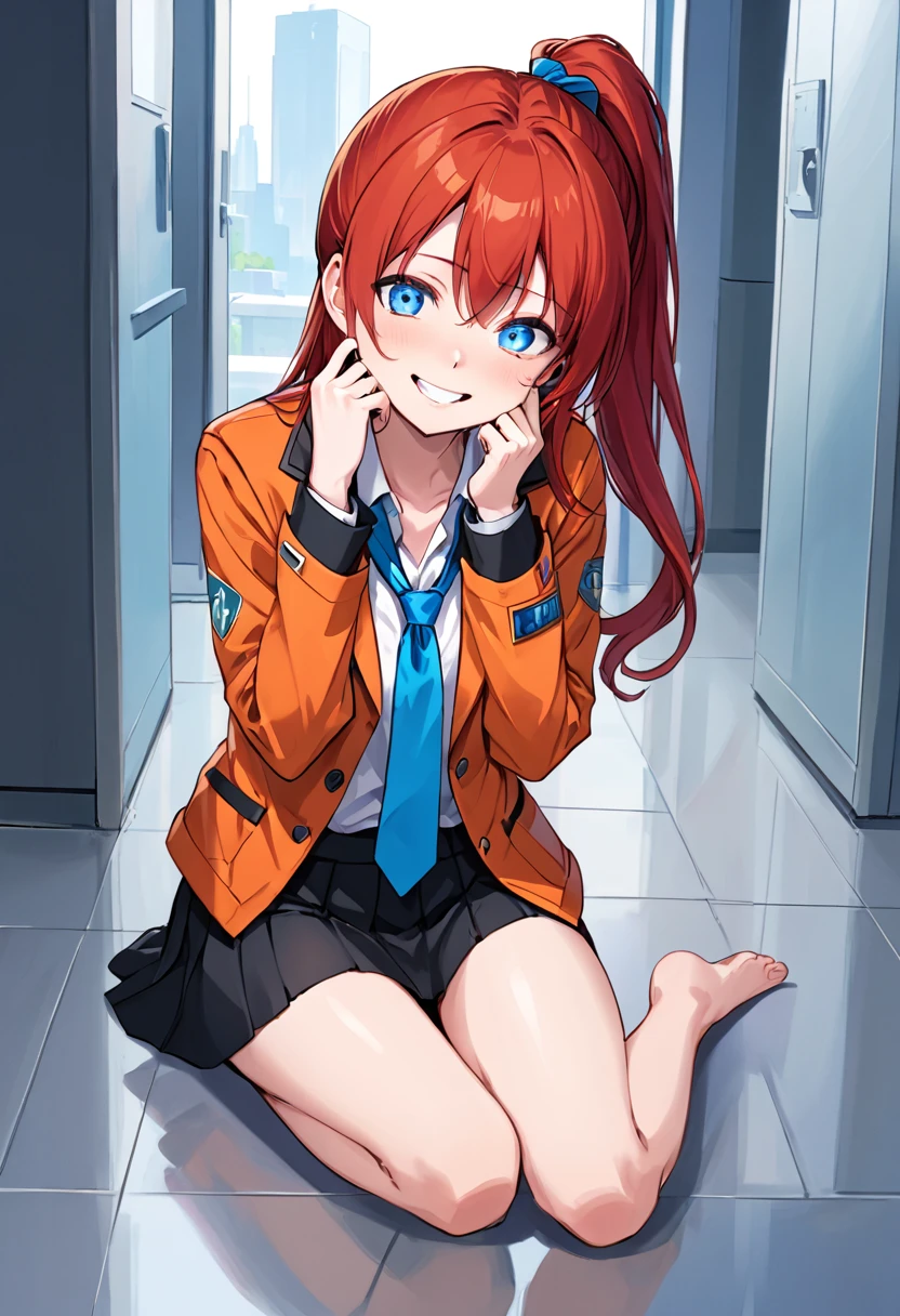 score_9, score_8_up, score_7_up, (female:1.5), female focus, female body, randy, red hair, long hair low tie ponytail, blue eyes, orange jacket, tie, black skirt, smiling,, hands on face, sitting on floor, straight legs, surprised face, palm on mouth, happy, opened legs, black panties, looking at you, futuristic city,
