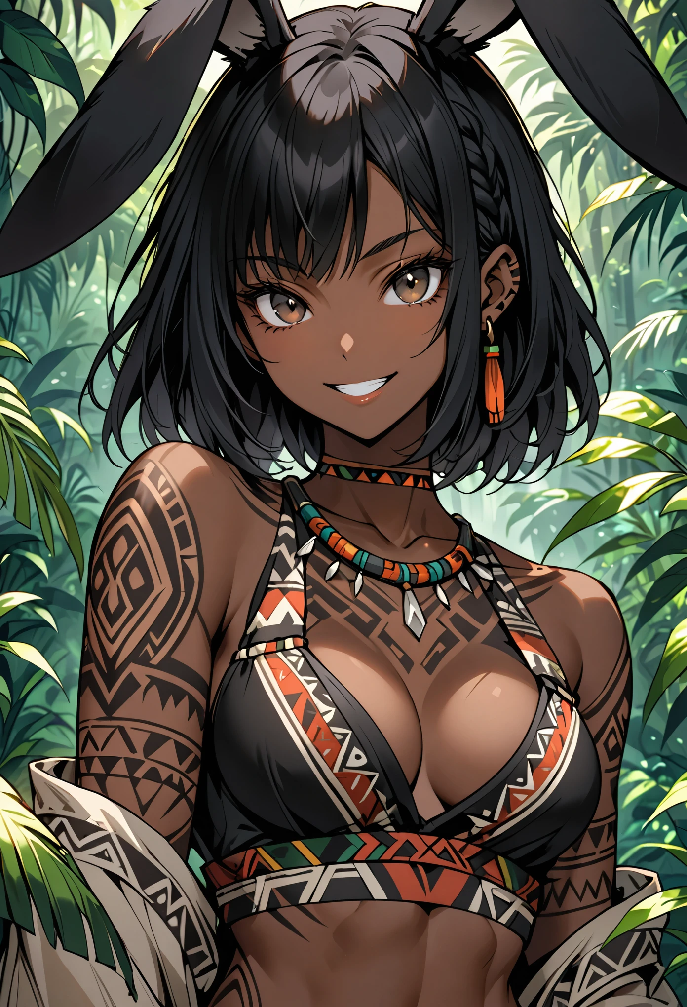 female, huge black rabbit ears, floppy rabbit ears, very dark skin, black hair, short straight hair, braided hair, medium breasts, tribal clothes, tribal tattoos, sackcloth clothes, thick thighs:0.4, wide smile, fit, jungle, black eyes, abs, bare midriff, cleavage, bust close up, from the waist up, looking at viewer, black fluffy ears, parted lips, huge fluffy black rabbit tail:0.4, confident pose