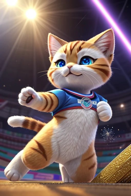 (Highest quality、masterpiece、8k))、Anatomically correct、Very detailed、High resolution、Realistic、((Beautiful, sparkling, detailed eyes))、Intricate details、Cinematic lighting、((Dynamic composition))、kitten、Big head、Olympic会場、Enthusiasm、Olympics、Olympicマーク、athlete、athlete、会場を埋め尽くすたくさんのkitten、Festival of Peace、((Olympic))、Three different colored cats、パリOlympics、Eiffel Tower、Projection Mapping