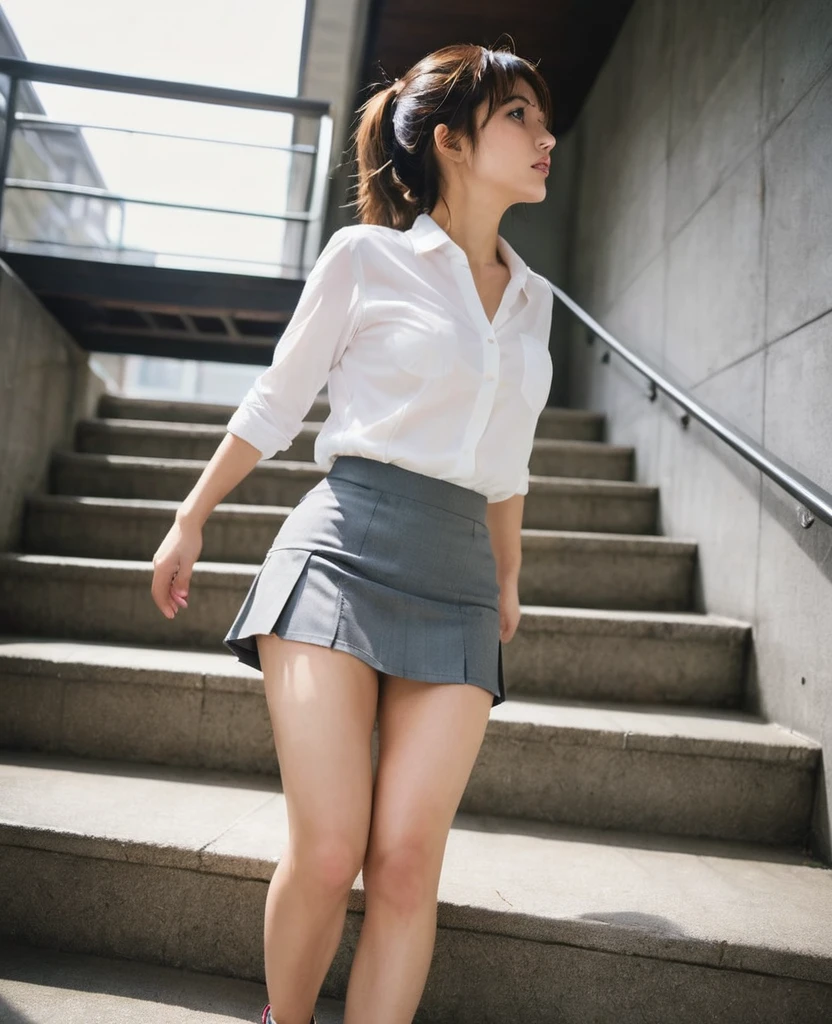 A woman in a miniskirt climbing the stairs、Angle from below、ノーパン