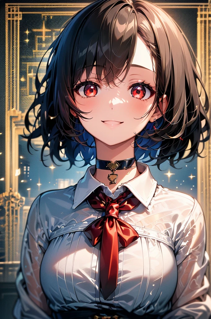 (masterpiece, highest quality, highest quality, (No text), Beautiful and aesthetic:1.2),No text,アニメ、BREAK,One Girl,Black Hair Girl short hair older sister choker Beautiful eyes Red eyes cool smile Red and Black Black jacket mini skirt whole body In town