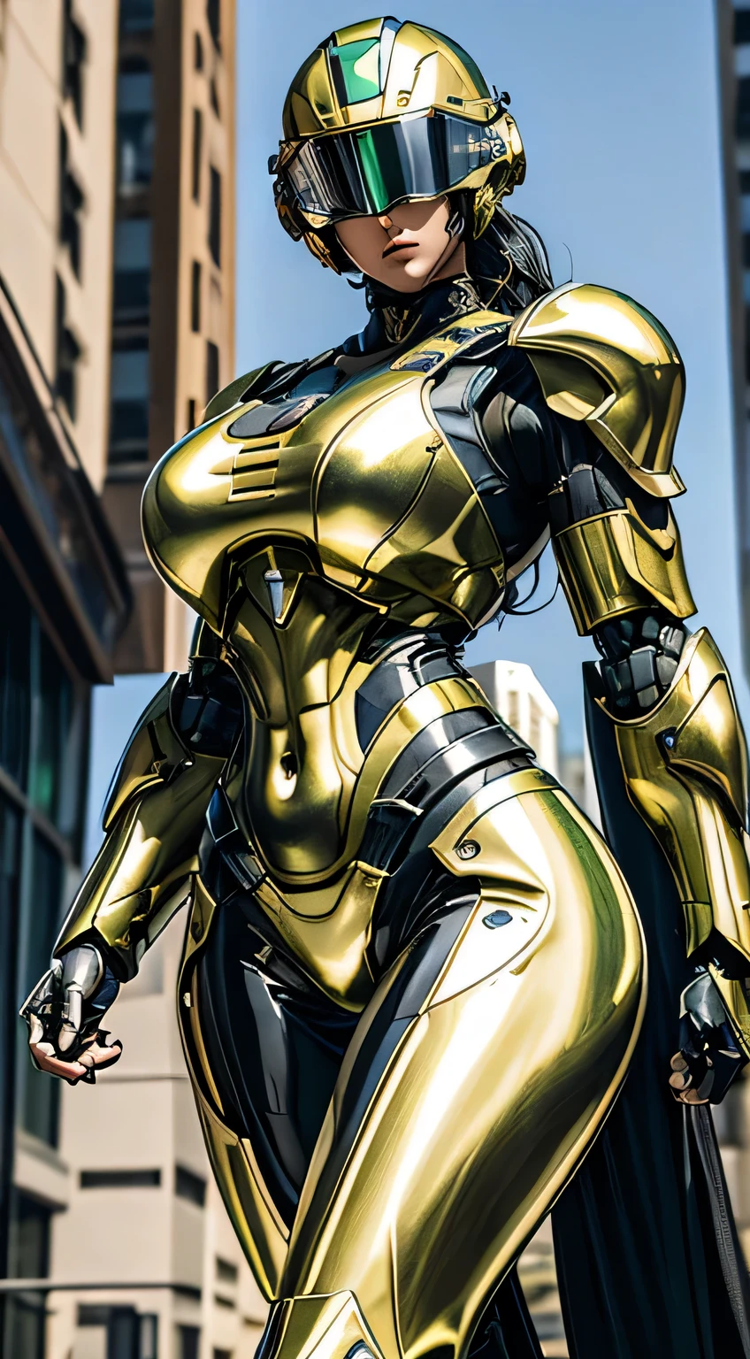 8k ((long neck:1.5))((full body view))((view from below:1.5)),(large eyes:1.3), defined cheekbones, looking back, ((the pit style:1.4))((sleek gold bodysuit:1.6)) ((intricate translucent details:1.4))detailed face:1.5), translucent skin,(puffy lips:1.5) (translucent skin:1.6), (bald woman:1.7), (skinhead) ((sexy pose)),(Muscular:1.6), ((gigantic breasts:1.5)), )highly detailed, majestic, digital photography, art by artgerm and ruan jia and greg rutkowski, ((clear shoulder pads:1.2)), (masterpiece),((wide shoulders:1.5)) sidelighting, intricate details, (((black and gold color palette))), body appears see through, gold torso, ((black legs))