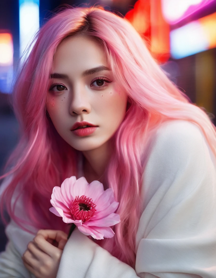 Beautiful woman with long pink hair( white blanket blouse), In front of her is a red flower covering one eye and part of her face., Natural light,Sitting in the neon lights of New York City , Bright colors, Bokeh style, Styles of ultra-fine details, High-quality photos,Long-distance shots