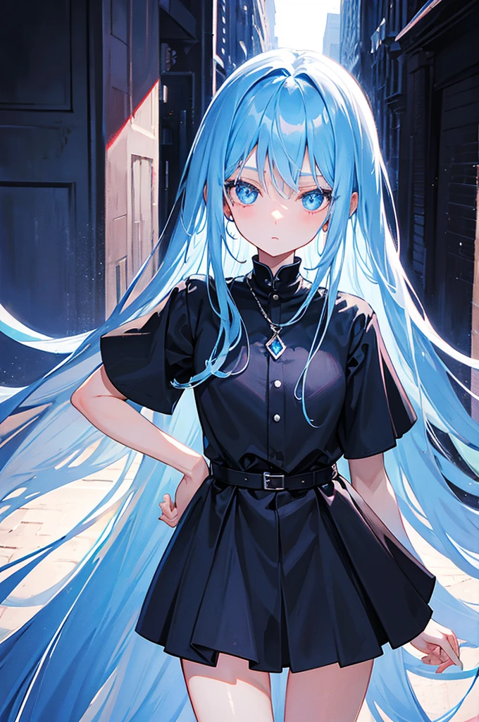 long blue hair, blue eyes, black witch outfit, kind face, 12 years old,