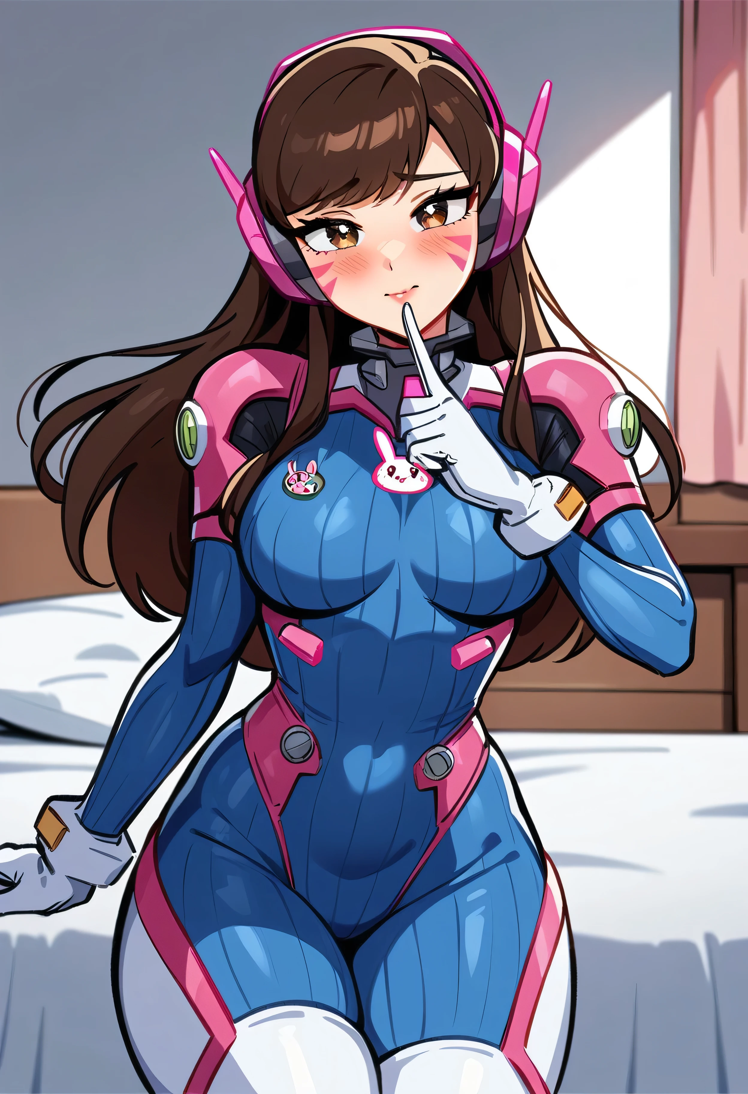 (anime art style:1.0), 2d, masterpiece, best quality, very aesthetic, absurdres, dynamic shadows, atmosferic, d_va, 1girl, solo, brown hair, (long hair), (bangs), brown eyes, detailed eyes, swept bangs, bangs, medium breasts, (curvy body), makeup, blush, pink headphones, pilot suit, ribbed bodysuit, (blue bodysuit), white thigh boots, bracer, high collar, white shoulder pads, whisker markings, facepaint, white gloves, bunny sticker, cowboy shot, from front, shushing, standing on one leg, (looking at viewer:1.0), bedroom, furniture, bed, curtains