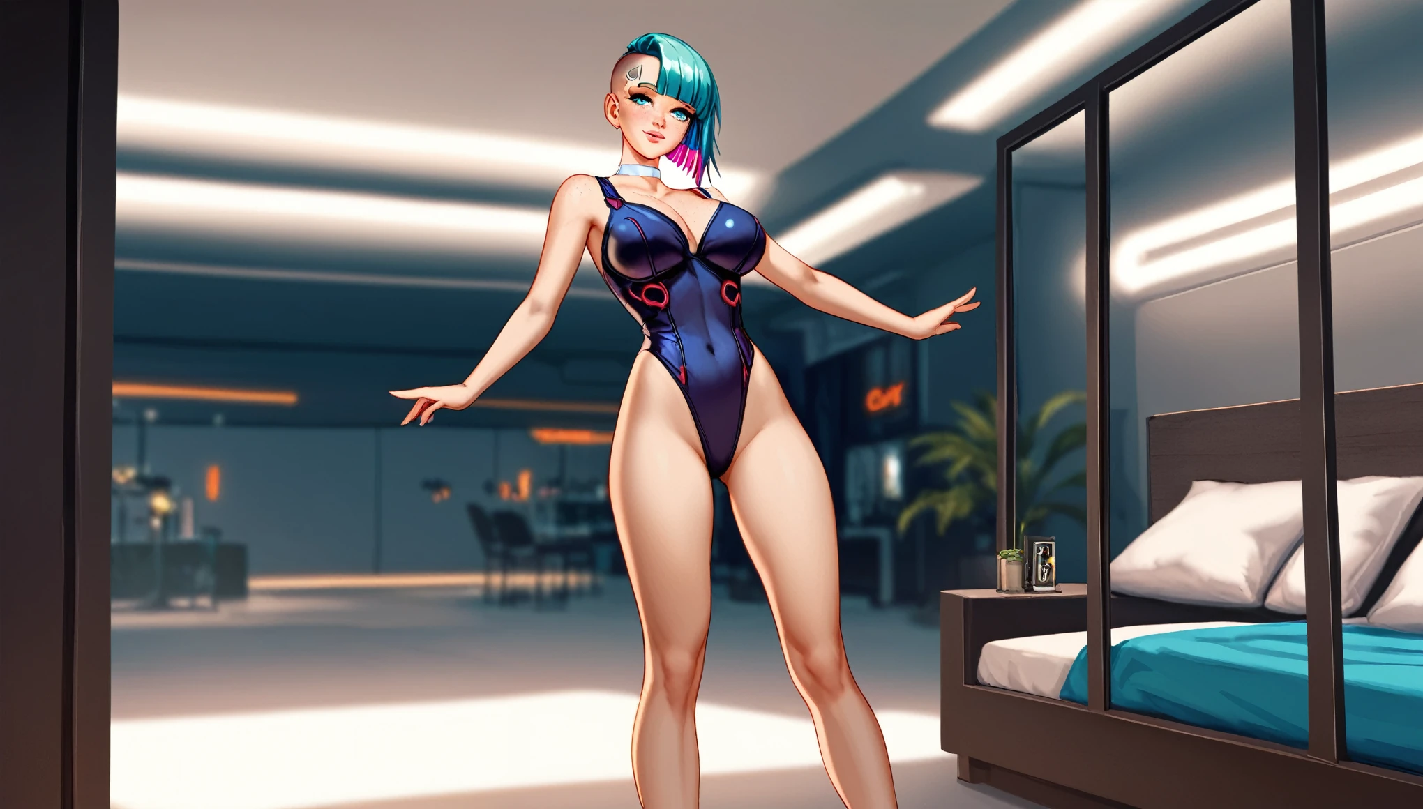 Create a digital anime-style image of a young woman with a modern, hair half top half light pink and half bottom light blue, hair cut side shaved head, eyes blue, lips atractive, beatiful fitness of her body. edgy appearance standing confidently in a dimly lit room with a cyberpunk aesthetic. The woman should tight small suit cyberpunk, sample legs and foot, legs open frontal bedroom, styled hair with vibrant colors, The room cyber high details. cute nose, seductive,white choker, pink lips, freckles, large breasts, pretty girl