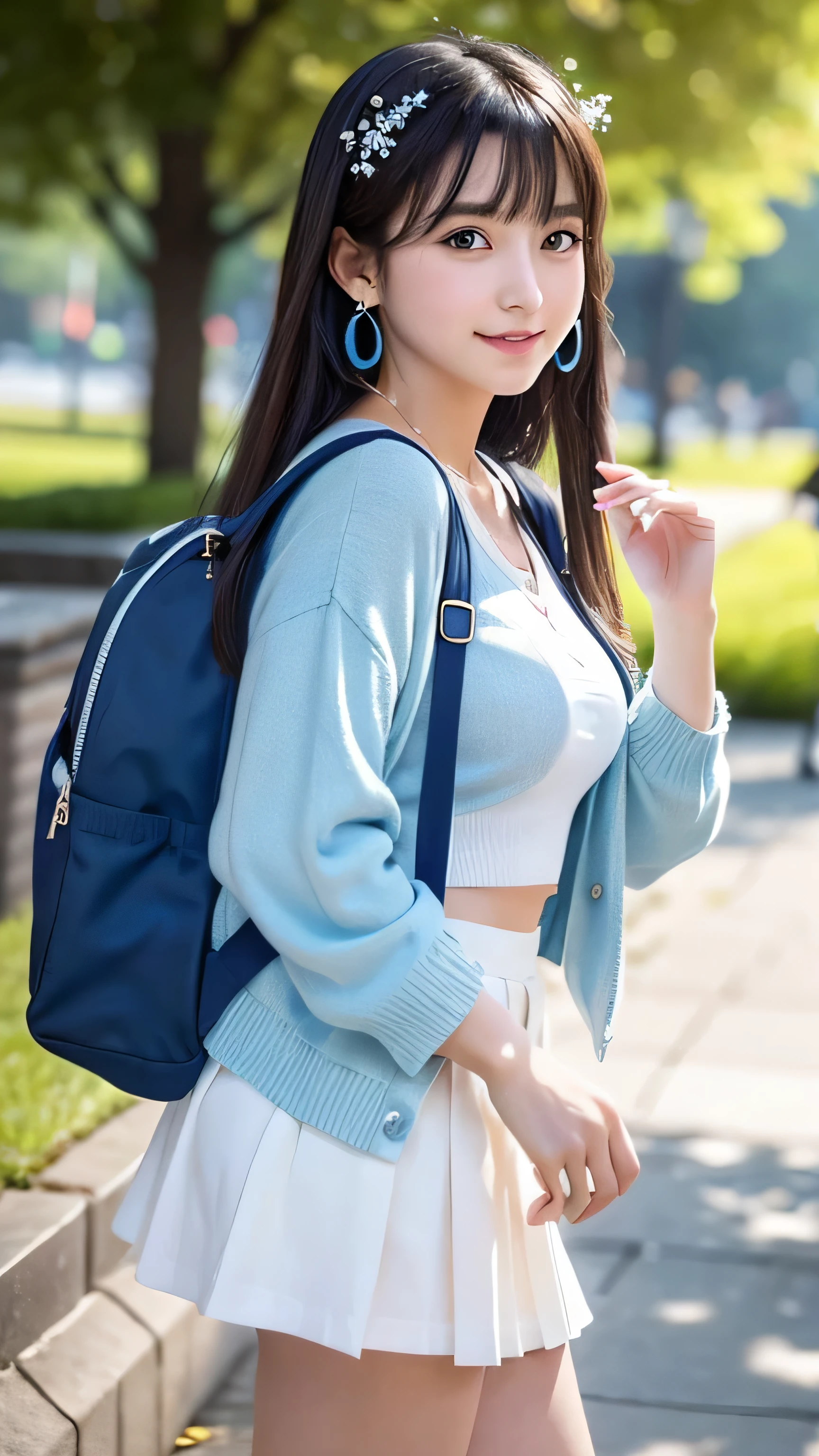 Shirt lift、((Japanese 、Downtown Kyoto、walk、Upper Body、Light blue shirt、mini skirt、Knee-high socks、loafers、Black Backpack、Photograph the whole body))、(Realistic、Photorealistic、Ultra-detailed、Highest Detail Skin、highest quality、masterpiece、超A high resolution)、Cute Japanese Woman、17 years old、One Girl、Has bangs、(slim),(Small breasts),(Nipples) ,Subjective heart-grabbing, POV hands, Grab your chest, smile