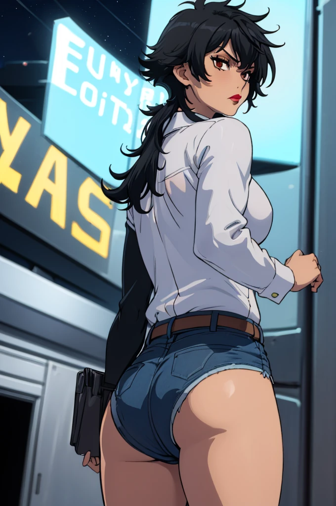 Closed Mouth, (), ((1girl)), ((((solo))), (((alone))), (((genderbend))), (((female))), wide hips, thick thighs, huge breast, narrow waist,  ((blue top)), (jean mini shorts), ((anime artstyle)), long eyelashes, ((long black hair)), (prostitute), (((at night))), (red lipstick), (black eyeshadow), (in the dark), (((grabbed by a taller faceless man from behind))), ((money on hand)), (((butt against the faceless man crotch)))