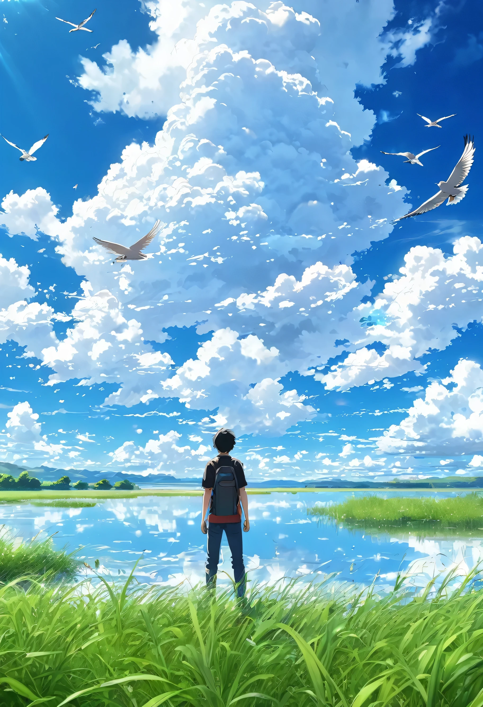 anime, anime landscape, guy looking at clouds, in a grassland, creative, realist, white clouds, blue sky, landscape amazing, guy looking away from camera, wide photo, realistic grass, birds flying. lake in the middle, sky reflects in the lake