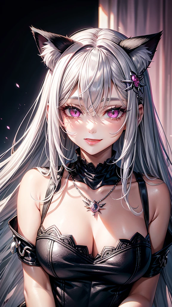 Silver hair, pink eyes, older woman, black clothes, hair jewel ornament, cat ears, necklace, long hair, smiling face, upper body