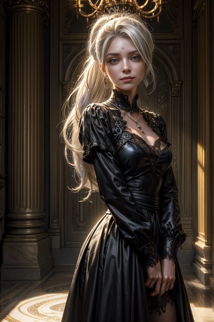 (masterpiece, best quality:1.2), cowboy shot, dynamic pose, weissvale, smile, closed mouth, looking at viewer, long white hair, side ponytail, scar above eye, scar below eye, black dress, jewelry, necklace, earrings, future_urban, indoors, standing inside ornate palace, elegant crowd, marble floor, chandeliers, arch, pillars, (volumetric lighting), intricate details, tonemapping, sharp focus, hyper detailed