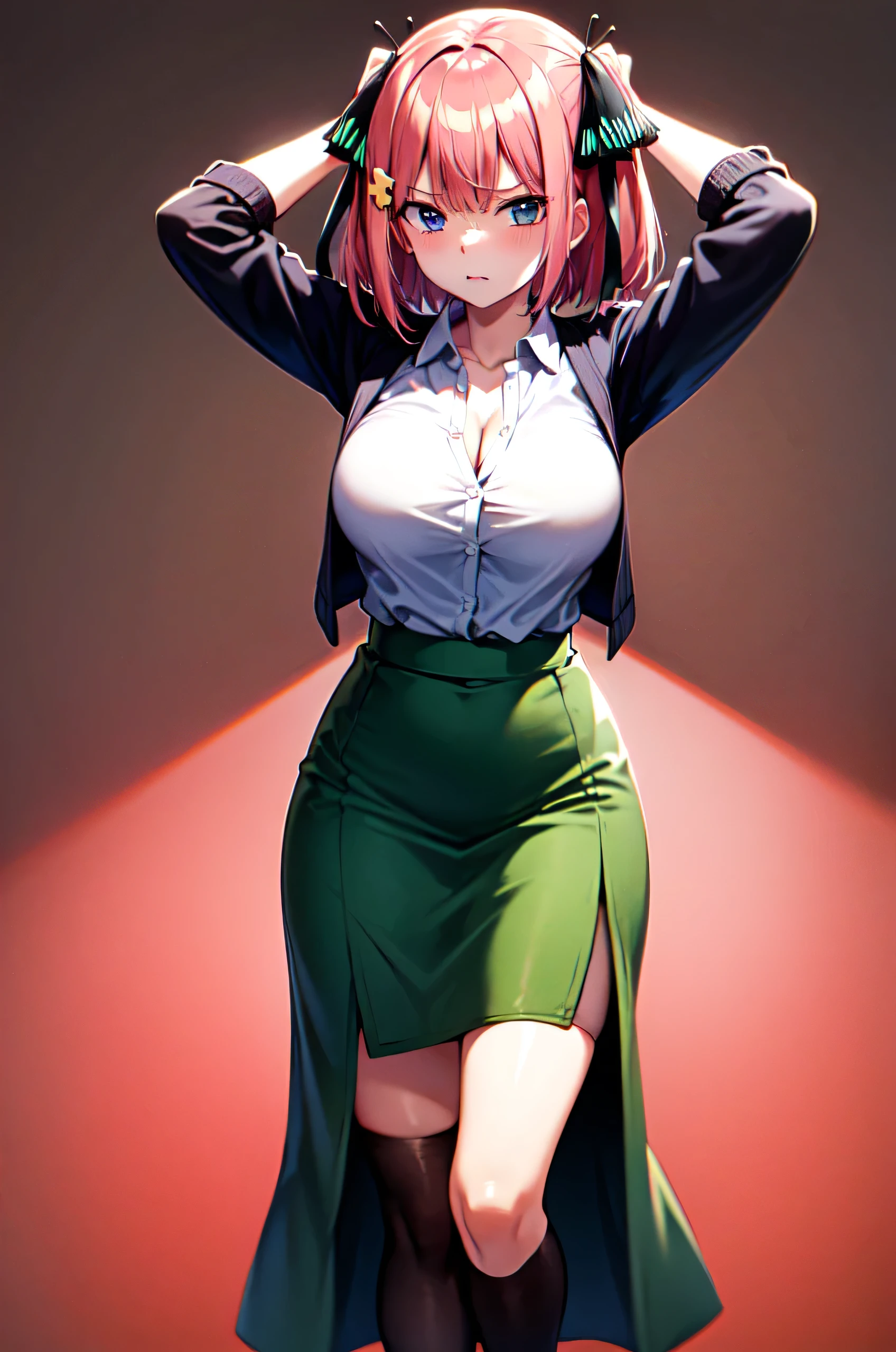 masterpiece, best quality, highres, Nakano nino, 1girl, solo, pink hair, short hair, busty, butterfly hair ornament, large breasts, cleavage, green skirt, white shirt, collared shirt, open clothes, black thighhighs, short sleeves, skirt lift, looking at viewer, annoyed, blush, full body, standing, simple background, arms behind head, (erotic pose:1.4)