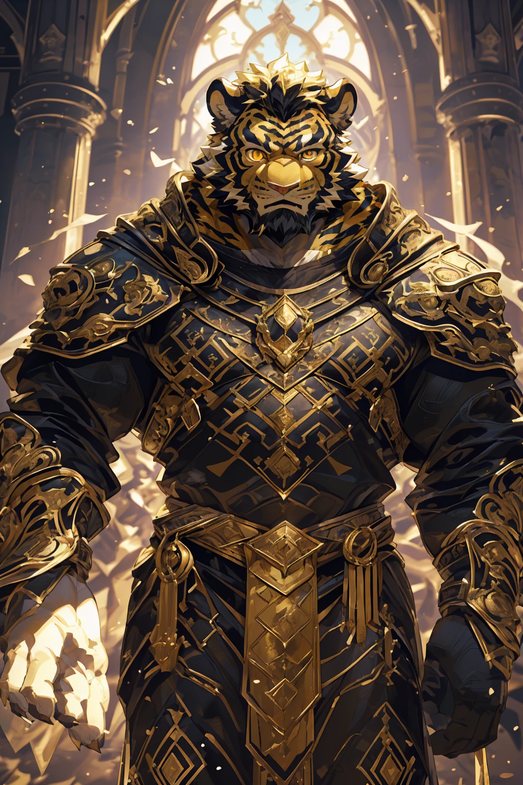 (Scarred body),(Wearing a dark black robe:1.5),king,16k high quality detailed art,(Wearing scarlet blood accessories:1),(Golden Tiger:1.1), (((White and golden fur:1.5))),(Duotone),(A pair of eyes of different colors, One eye has a golden eye,The other eye is blue:1.7),Both eyes are the same size:1.4),(Muscular body:1.3),Handsome,(OK),(Perfect face),(Exhausted:1.1),(Gold and white skin:1.3),(Whole body description:1.3),Publaz, (Golden Tiger:1.1), (((Gold and white fur:1.3))),Handsome, (OK),Express,(Background of the Royal Palace),(Cold expression:1.3),(Golden Tiger tail),不同的Express,(Perfect masterpiece),(32K),(Abdominal muscles:1.3),(((middle aged:1.4))),(36 years old),(Gold Stripes),Solitary,(Black sideburns:1.2),(black beard:1.3),(Black Chin:1.3),(Gold face pattern:1),(Very rich facial details:1.3),(Strong),(Mighty pose:1.3),Front view,(CG),(HD),(Black Hair),Full body portrait,(Detailed background:1.3),(Dark ink armor:1.3),The murderous gaze,(Pure black pupils:1.3),