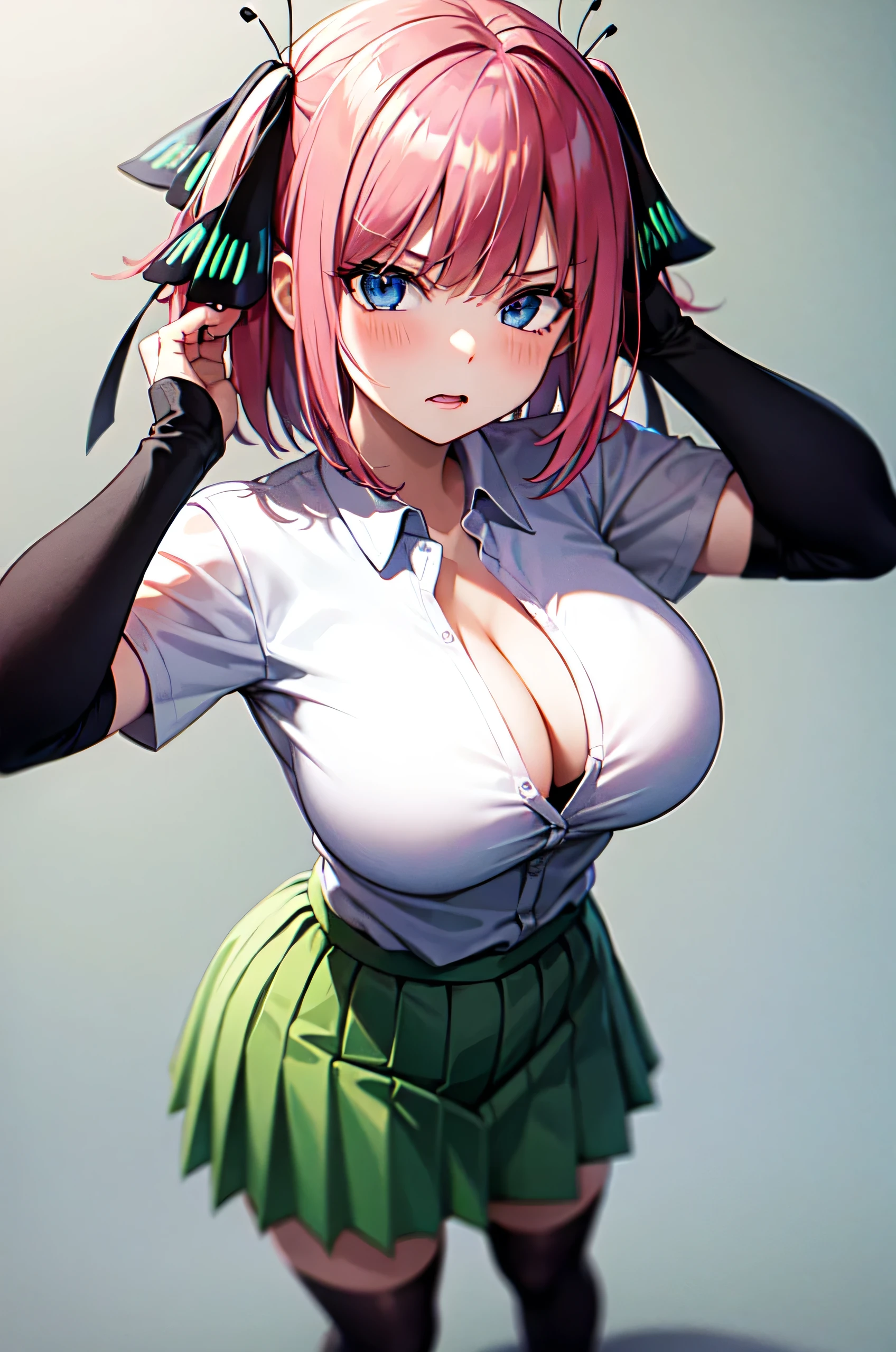 masterpiece, best quality, highres, Nakano nino, 1girl, solo, pink hair, short hair, busty, butterfly hair ornament, large breasts, cleavage, green skirt, white shirt, collared shirt, open clothes, black thighhighs, short sleeves, skirt lift, looking at viewer, annoyed, blush, full body, standing, simple background, arms behind head, (erotic pose:1.4)
