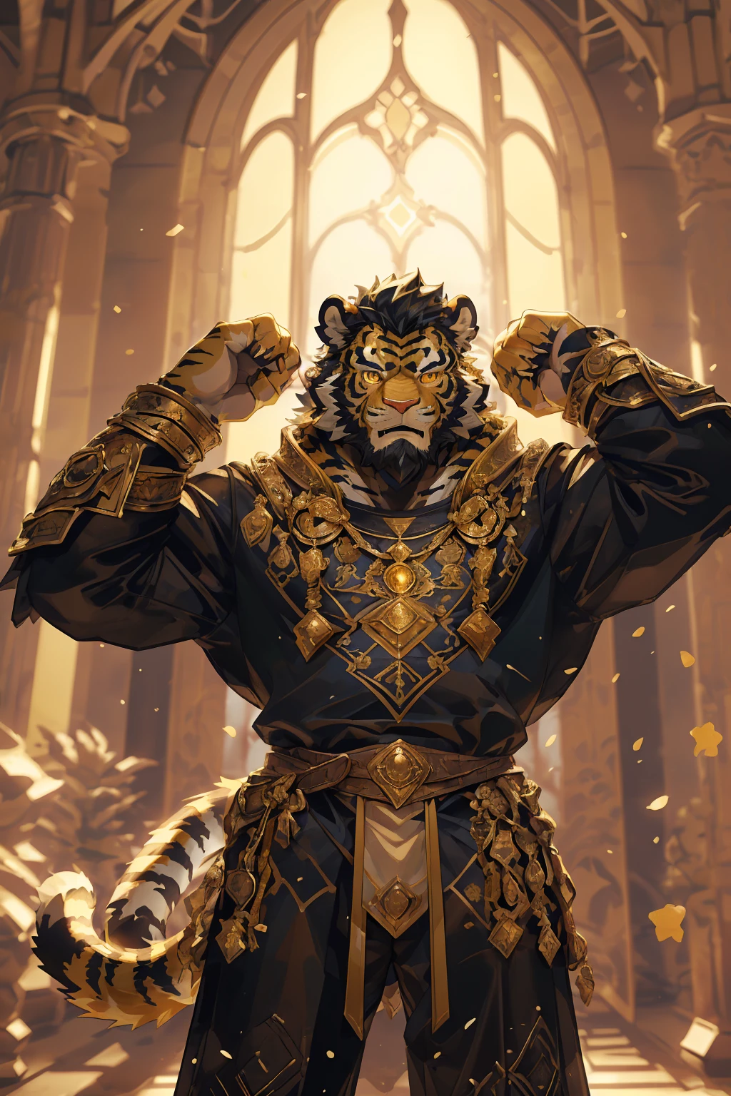 (Scarred body),(Wearing a dark black robe:1.5),king,16k high quality detailed art,(Wearing scarlet blood accessories:1),(Golden Tiger:1.1), (((White and golden fur:1.5))),(Duotone),(A pair of eyes of different colors, One eye has a golden eye，The other eye is blue:1.7),Both eyes are the same size:1.4),(Muscular body:1.3),Handsome,(OK),(Perfect face),(Exhausted:1.1),(Gold and white skin:1.3),(Whole body description:1.3),Publaz, (Golden Tiger:1.1), (((Gold and white fur:1.3))),Handsome, (OK),Express,(Background of the Royal Palace),(Cold expression:1.3),(Golden Tiger tail),不同的Express,(Perfect masterpiece),(32K),(Abdominal muscles:1.3),(((middle aged:1.4))),(36 years old),(Gold Stripes),Solitary,(Black sideburns:1.2),(black beard:1.3),(Black Chin:1.3),(Gold face pattern:1),(Very rich facial details:1.3),(Strong),(Mighty pose:1.3),Front view,(CG),(HD),(Black Hair),Full body portrait,(Detailed background:1.3),(Dark ink armor:1.3),The murderous gaze,(Pure black pupils:1.3),