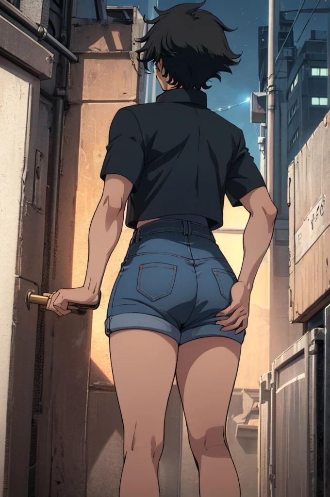 Closed Mouth, (), ((1girl)), ((((solo))), (((alone))), (((genderbend))), (((female))), wide hips, thick thighs, huge breast, narrow waist,  ((blue top)), (jean mini shorts), ((anime artstyle)), long eyelashes, ((long black hair)), (prostitute), (((at night))), (red lipstick), (black eyeshadow), (in the dark), (((grabbed by a taller faceless man from behind))), ((money on hand)), (((butt against the faceless man crotch)))