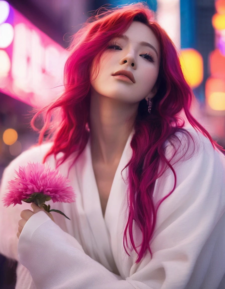 Beautiful woman with long pink hair( white blanket blouse), There is a red flower in front of her、Covering one eye and part of the face。., Natural light,Sitting in the neon lights of New York , Bright colors, Bokeh style, Style with ultra-fine details, High quality photos,long range shooting
