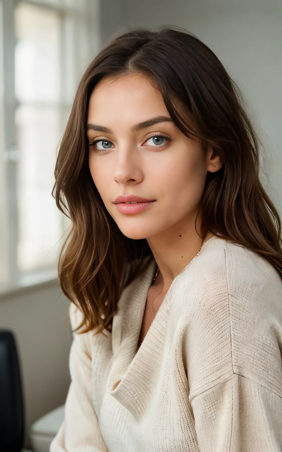 Beautiful brunette in a light beige sweater (Nail care in a modern beauty salon), very detailed, 21 years old, innocent face, natural wavy hair, Blue eyes, a high resolution, masterpiece, Best quality, complex parts, very detailed, Sharp Focus, detailed skin, realistic skin texture, texture, Detailed eyes, professional, 4K, charming smile, shot on Canon, 85 mm, shallow depth of field, Цвет Kodak Vision, perfectly toned body, extremely detailed, photor_\(Ultra\), photorealistic, realistic, Treatment after, maximum details, roughness, real life, Ultra realist, photorealism, photo, 8k contract, photo, work, bureau