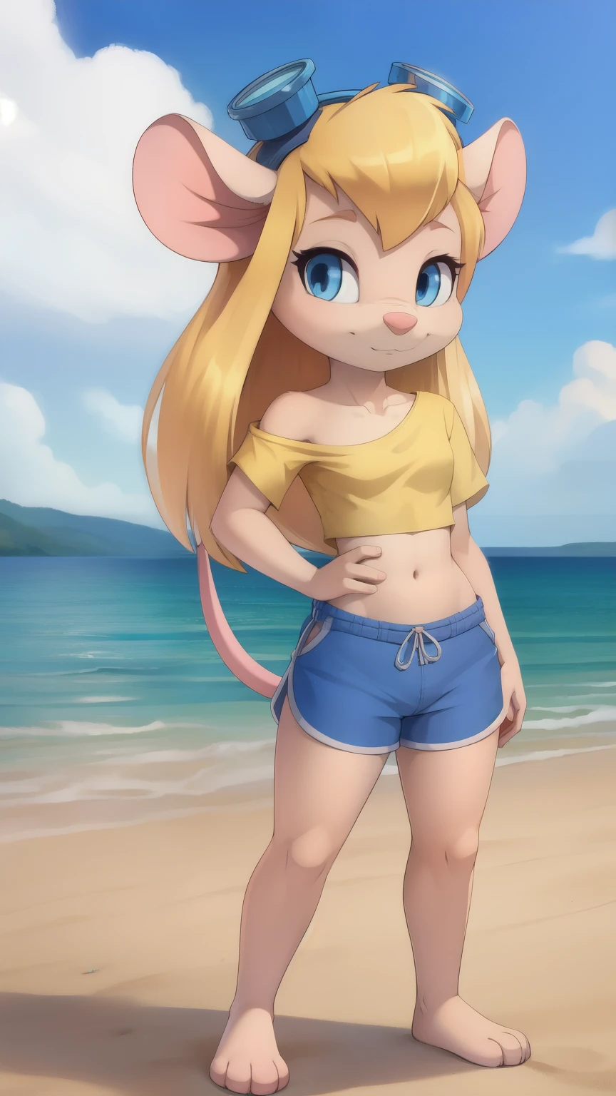 Gadget Hackwrench, young, mouse, blonde hair, long hair, narrowed eyes, blue eyes, pink nose, body fur, small breasts, detailed body fur, detailed face, detailed eyes, glistering body, shiny body, gorgeous body, masterpiece, high quality, ((goggles, yellow shirt, one shoulder off, midriff, blue shorts)), full body, feets with three toes, 3 toes, beach, clear sky, skinny, :3, standing,