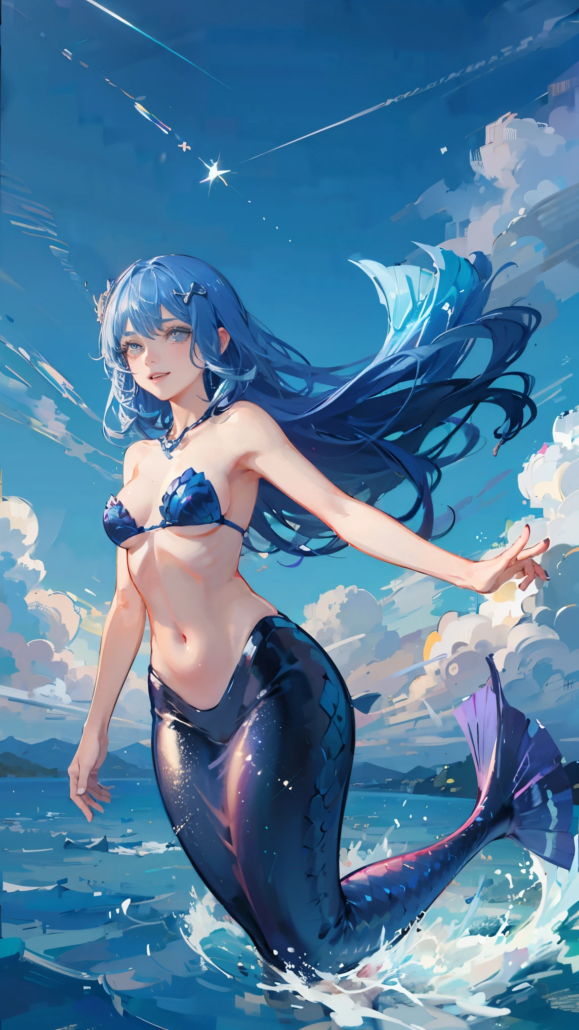 gradient hair, curly hair, long hair, expressive hair, anchor hair ornament, light smile, naughty, anime, sparkle, ray tracing, UHD, retina, super detail, textured skin, masterpiece, accurate, high details, best quality, high quality, Mermaid, mermaid princess, (The lower half of the body is a fish tail), belly button exposed, swimming in the sea