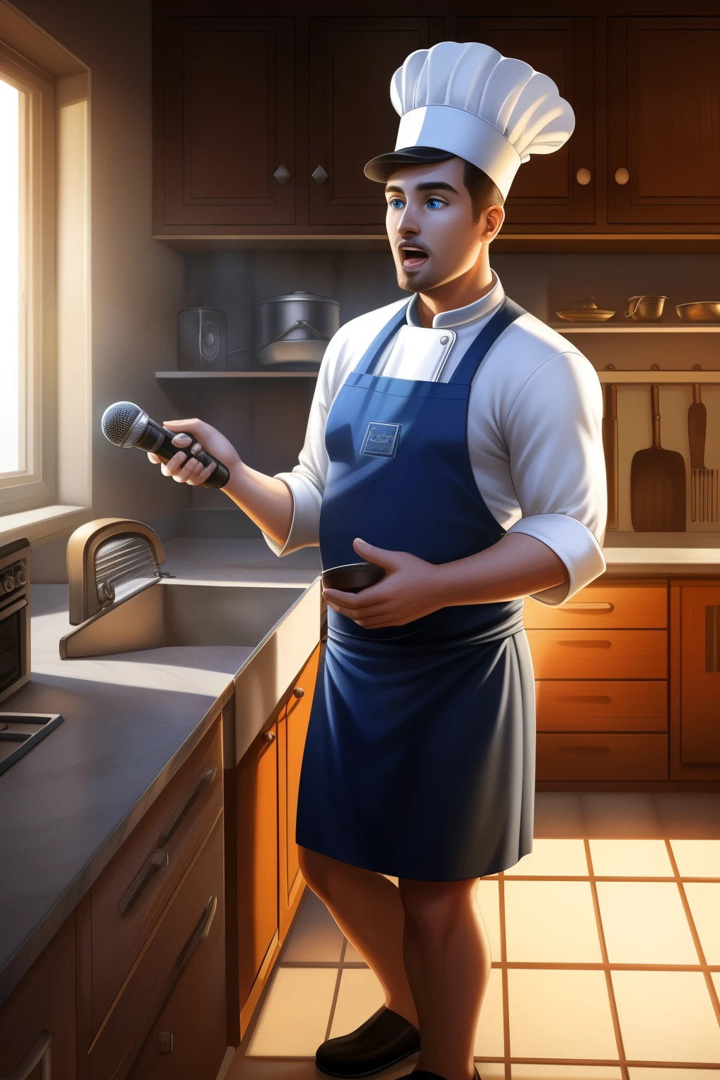 (ultra detailed), a captivating full-size portrait of a male anthro, (tenor voice), singing, ((male human with ears)), situated in the kitchen, ((capturing the soulful expression)), high-quality, ((chef's hat)), standing, apron, ((detailed eyes, sparkling eyes)), blue eyes, ((correct anatomy)), microphone, handheld, holding, ((mic stand, kitchen counter)), realistic kitchen details, appliances, utensils, a warm light emanating from the overhead lamp, (sunlight streaming through a window), (streaks of light on the floor), detailed background, (stainless-steel sink, vintage radio