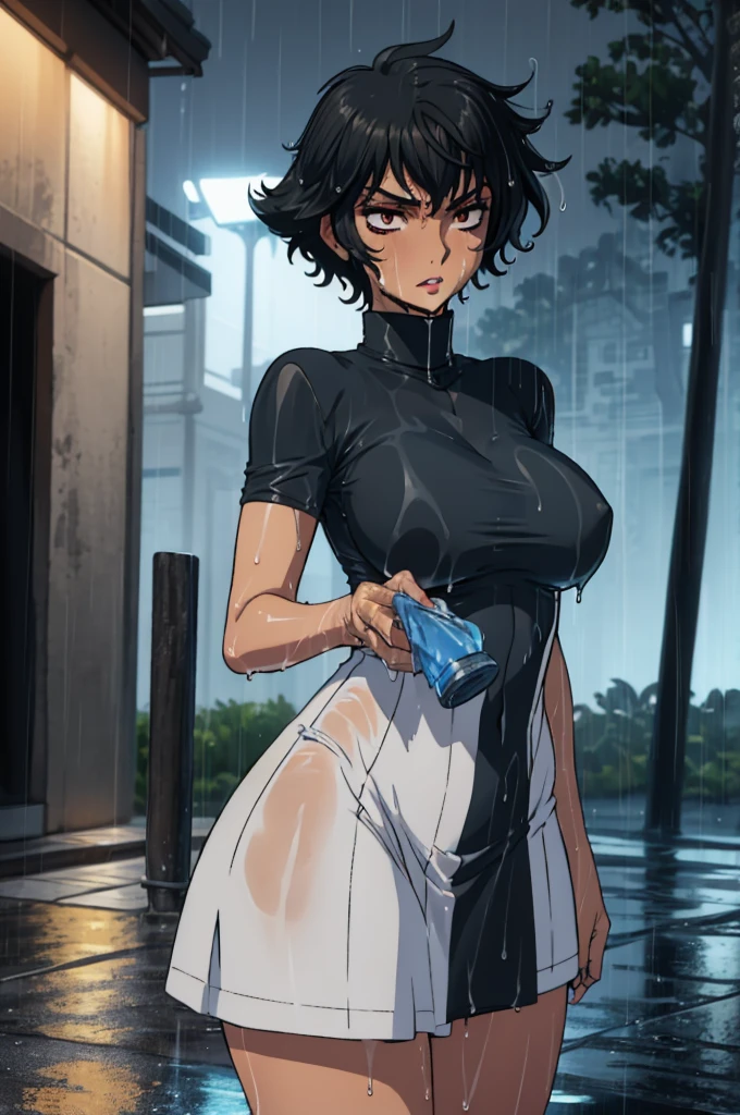 closed mouth, (20 years old), ((1girl)), ((((solo))), (((alone))), (((genderbend))), (((female))), wide hips, thick thighs, huge breast, narrow waist,  ((blue top)), ((short skin tight blue cocktail dress)), dark Streats, ((anime artstyle)), long eyelashes, ((long black hair)), (((at night))), (red lipstick), (black eyeshadow), (in the dark), (((raining))), (((wet))), (((wet clothes)))