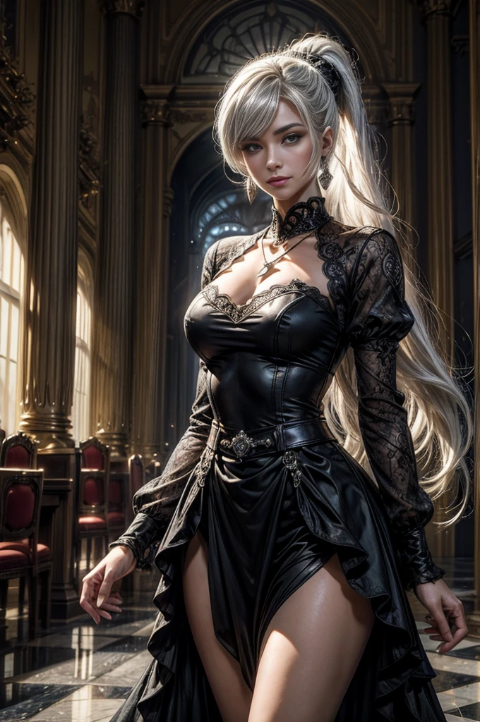 (masterpiece, best quality:1.2), cowboy shot, dynamic pose, weissvale, smile, closed mouth, looking at viewer, long white hair, side ponytail, scar above eye, scar below eye, black dress, jewelry, necklace, earrings, future_urban, indoors, standing inside ornate palace, elegant crowd, marble floor, chandeliers, arch, pillars, (volumetric lighting), intricate details, tonemapping, sharp focus, hyper detailed