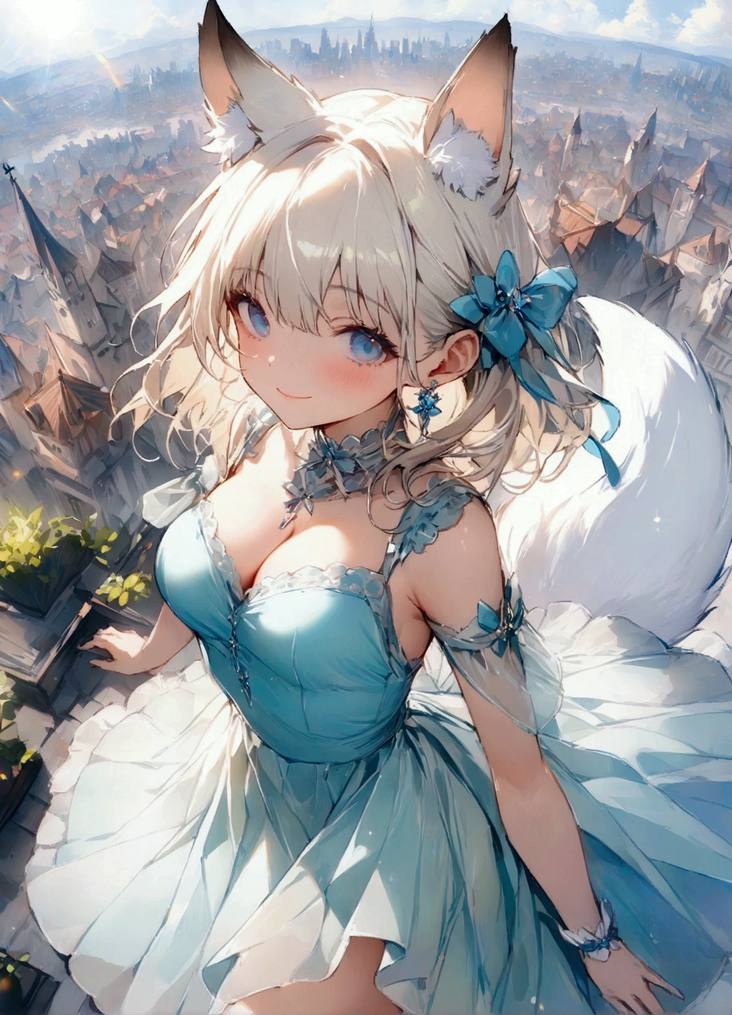 Browsing Caution, (Calm Tones), delicate, detailed, masterpiece,(colorful) figure,(colorful) Particles of light, Lens flare, Fox Earsとキツネの尻尾を持つ女性,smile, a Fight for space and existence, Fight,city,wood,Rabbit, Side bust,shoulder,Cleavage,Without sides,Thighs, Cowboy Shot, close,From above, Dynamic Angle, Dynamic pose, artistic, memorable masterpieces, A historic moment,(Fantastic and enchanting scenery) , delicate, detailed,Warm cat, (masterpiece:1.2),(Highest quality:1.2),up to date,複雑なdetailed, Fox Ears, Ear hair
