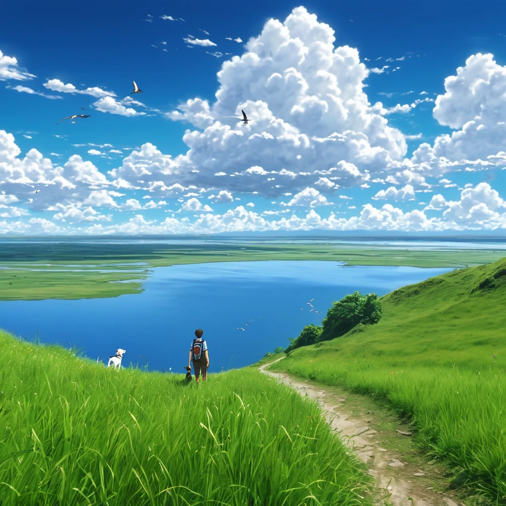 anime, anime landscape, guy looking hiking, in a grassland, creative, realist, white clouds, blue sky, landscape amazing, guy looking away from camera, wide photo, realistic grass, birds flying. lake in the middle, sky reflects in the lake, dog following
